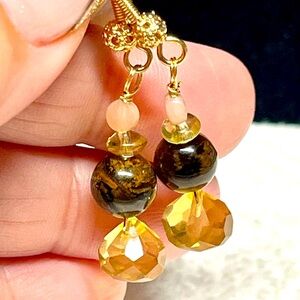 Elegant genuine Honey Quartz, tiger eye, citrine and sunstone Gold Earrings